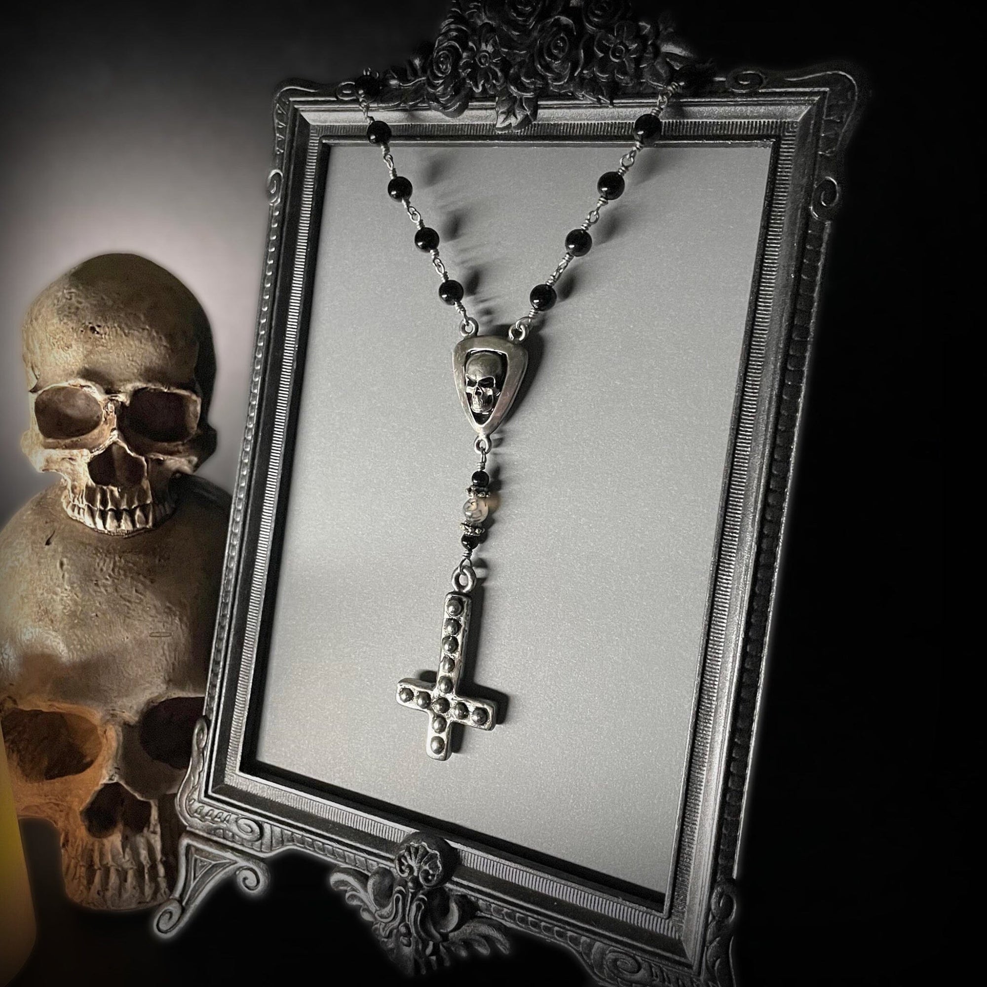 gothic inverted cross rosary necklace