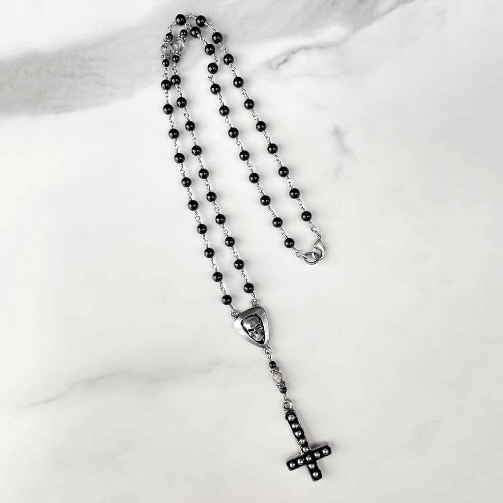 beaded rosary necklace with rock n roll attitude