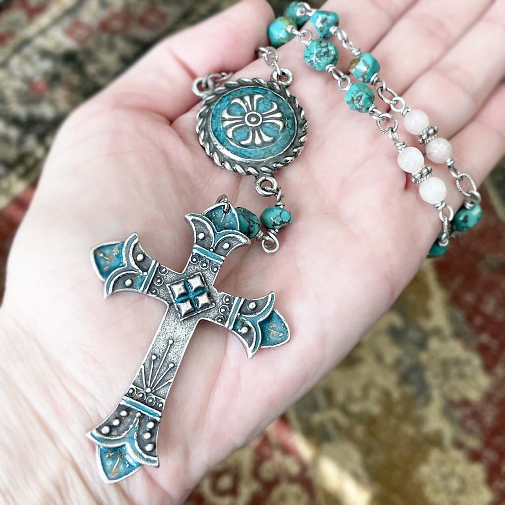 Rosary necklace for women - turquoise beads with cross
