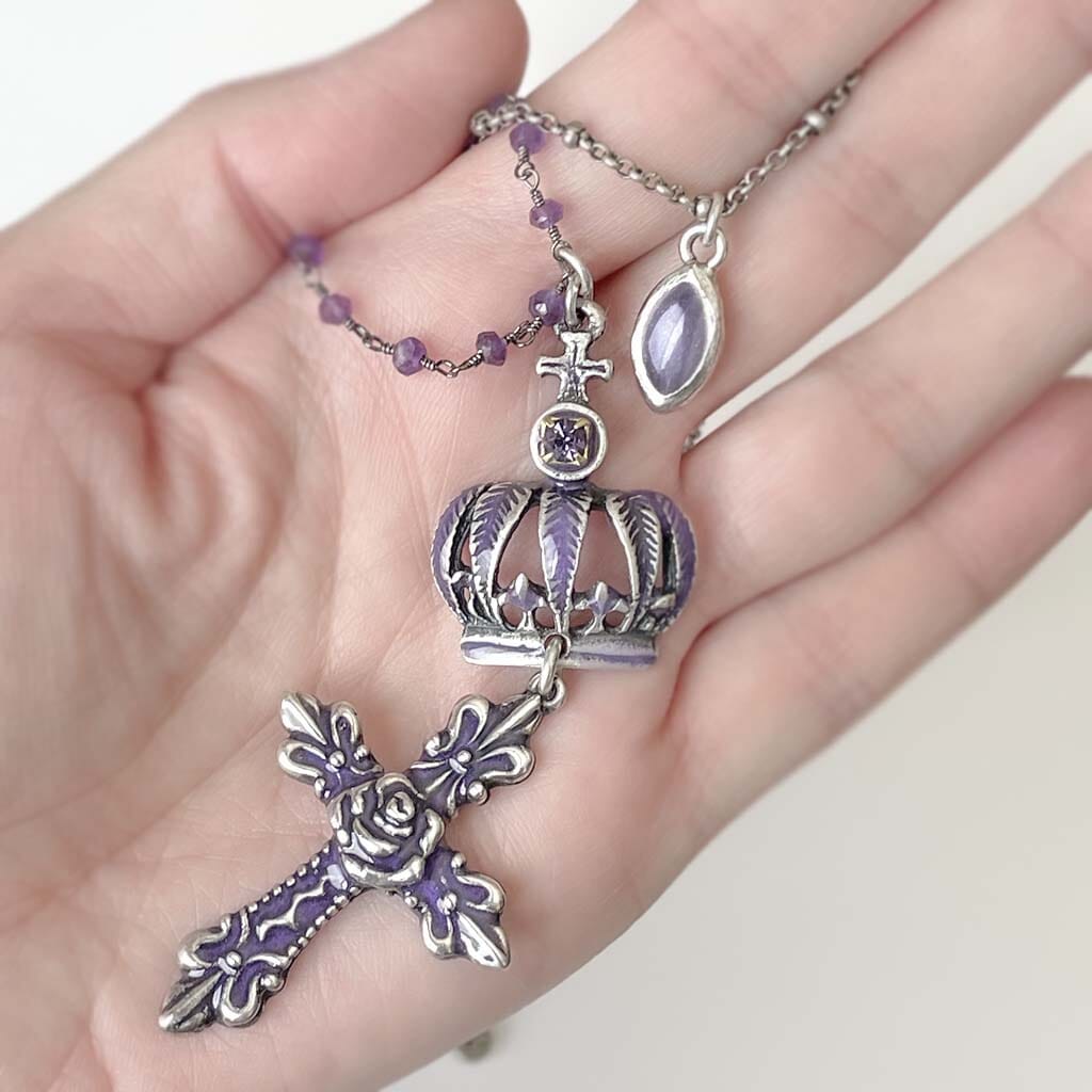 beaded rosary necklace purple cross for women