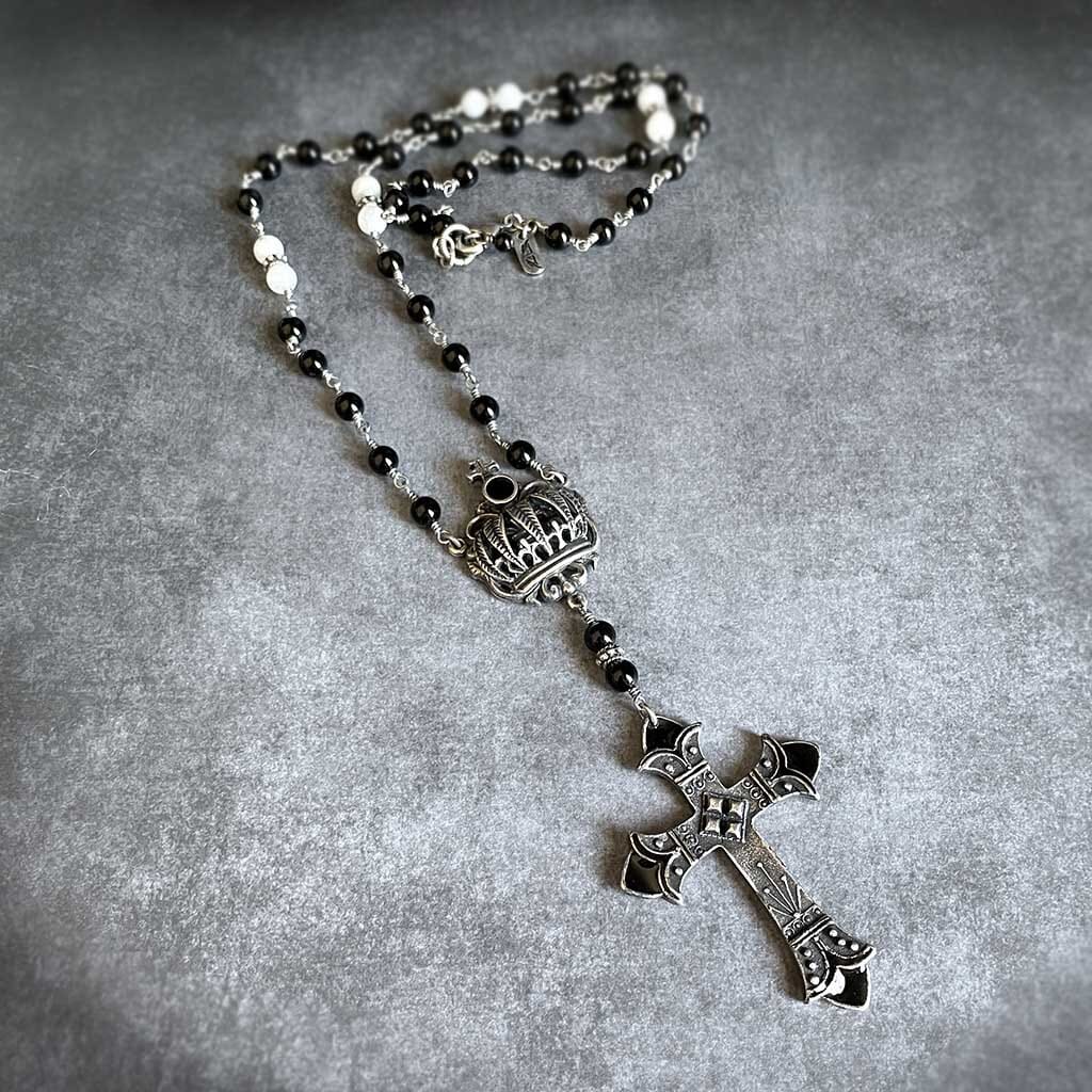 full view of the black beaded rosary necklace for women by rock my wings