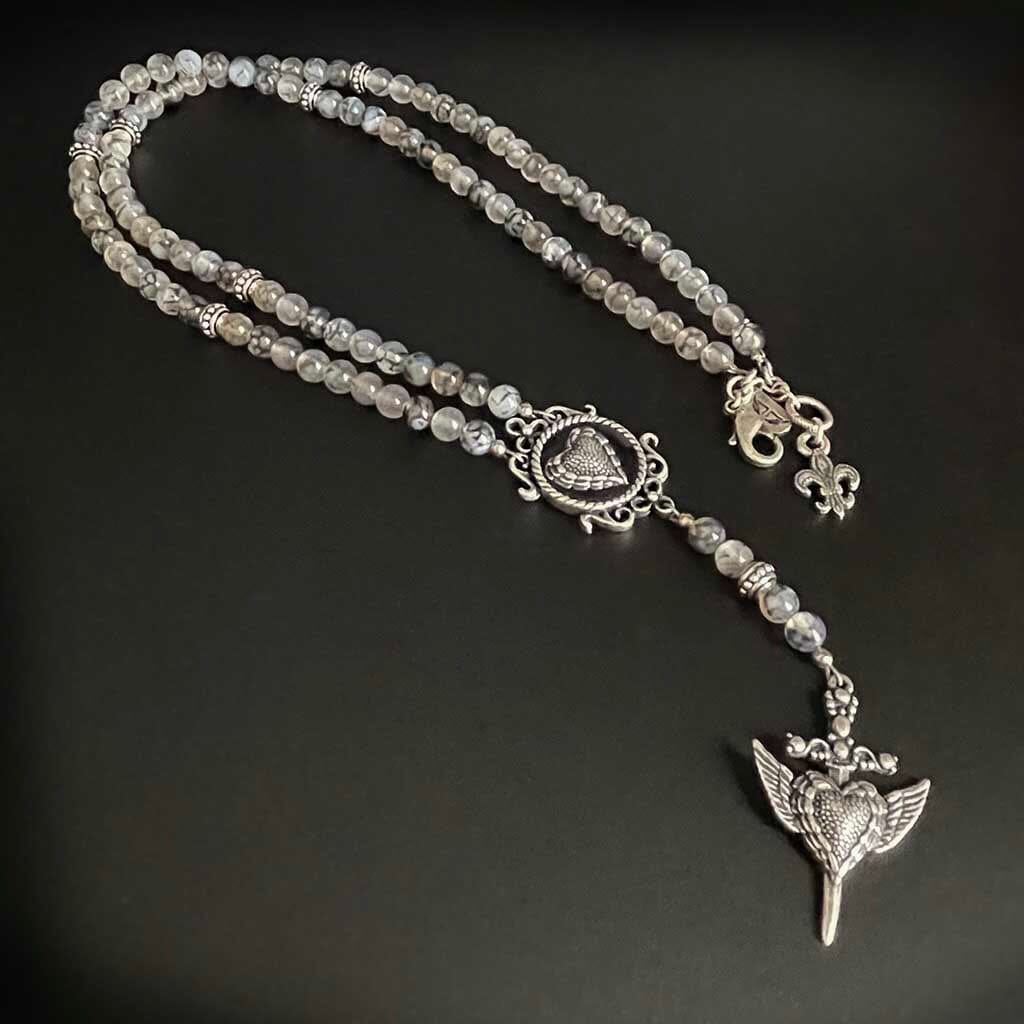 Full image of the Heartblade beaded rosary necklace by Rock My Wings
