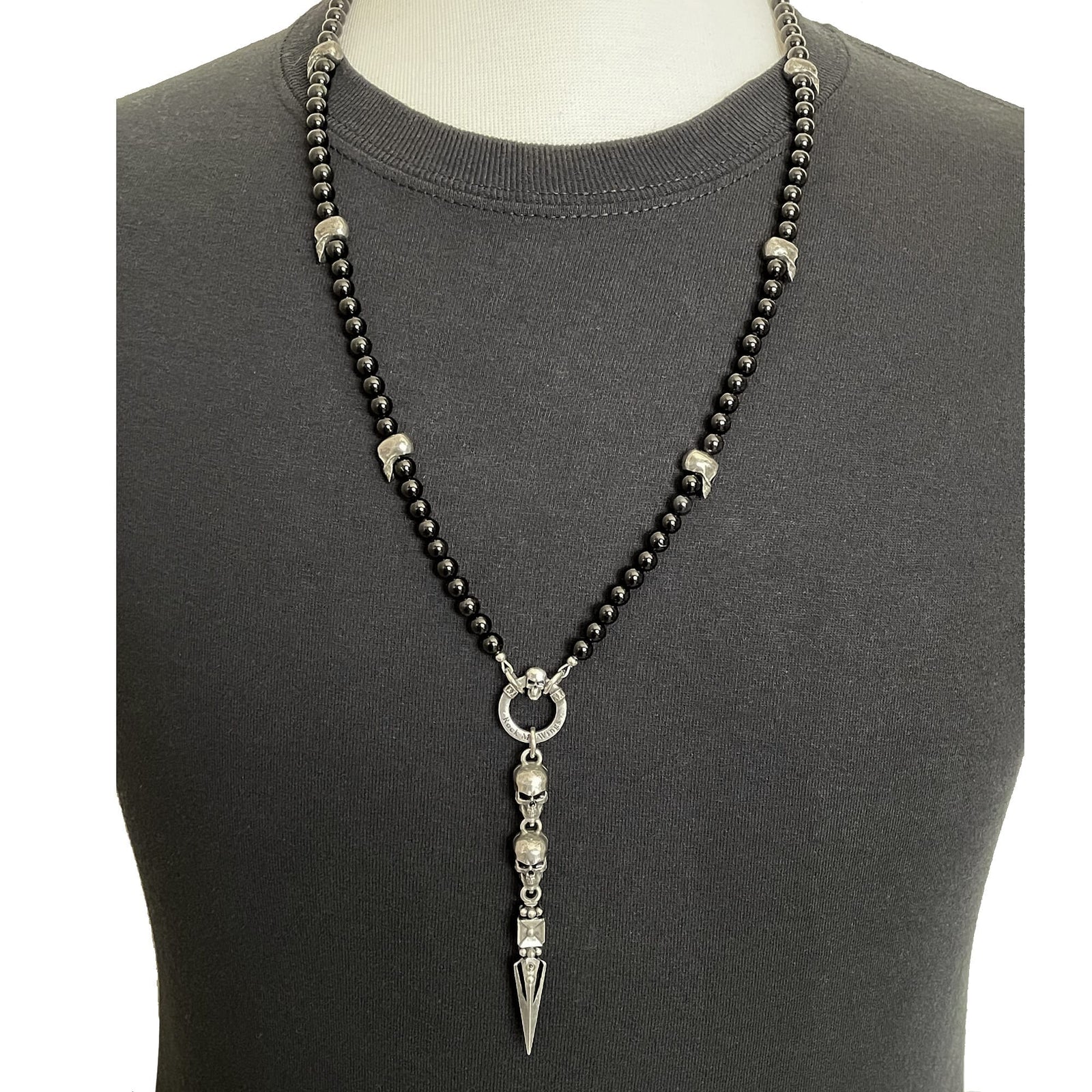 Hand Crafted Skull and Rosary Onyx Beaded Rosary Necklace with Rock n' Roll Attitude by Rock My Wings.