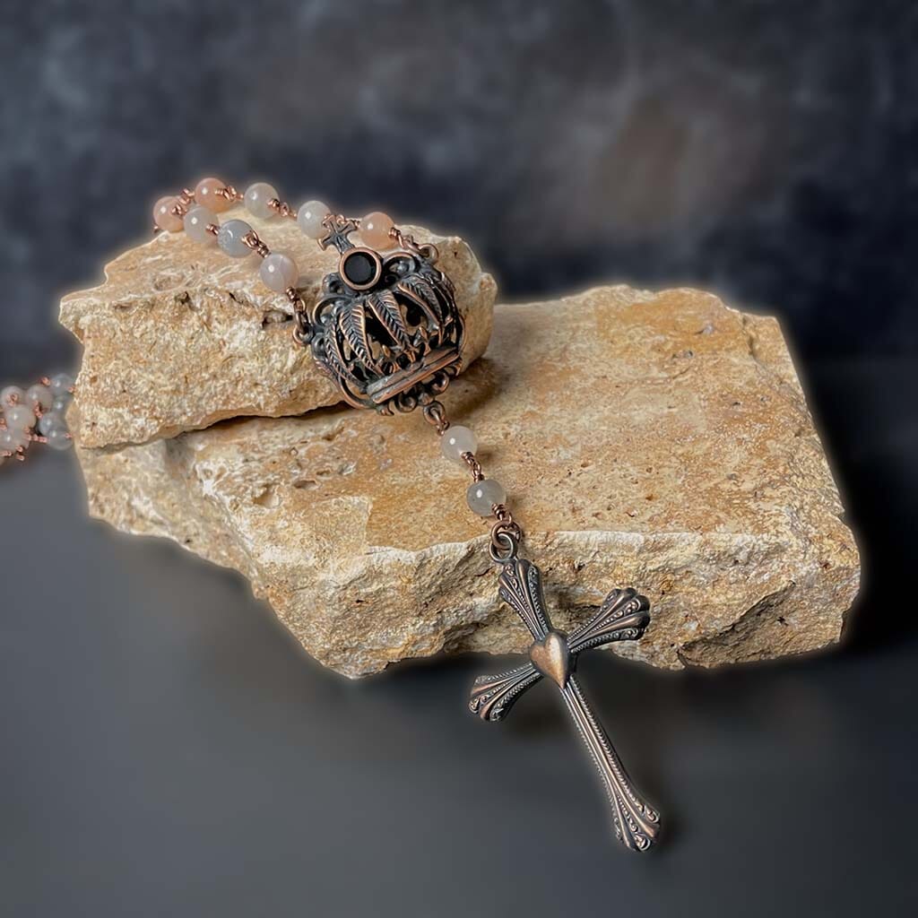 Copper Crown Beaded Rosary Necklace with crown center piece by Rock My Wings.