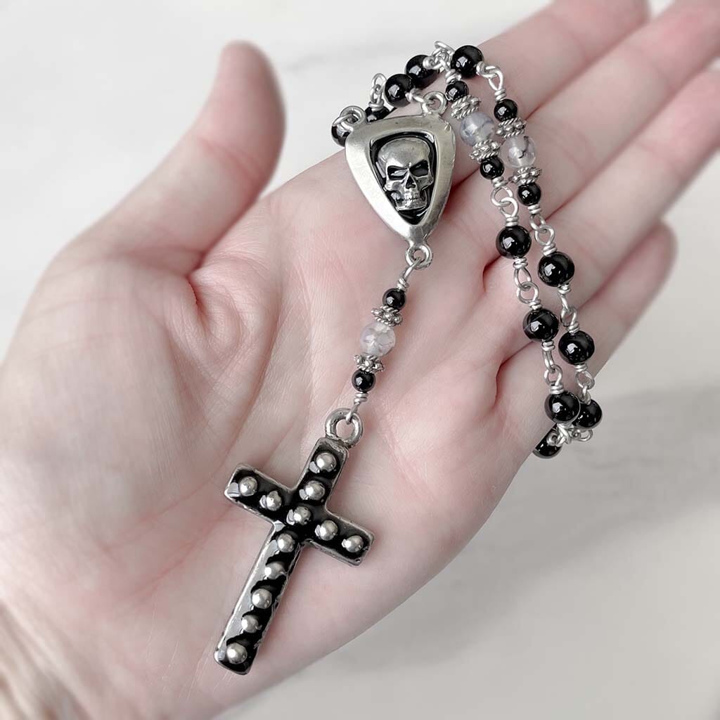 rocker jewelry - beaded skull rosary necklace