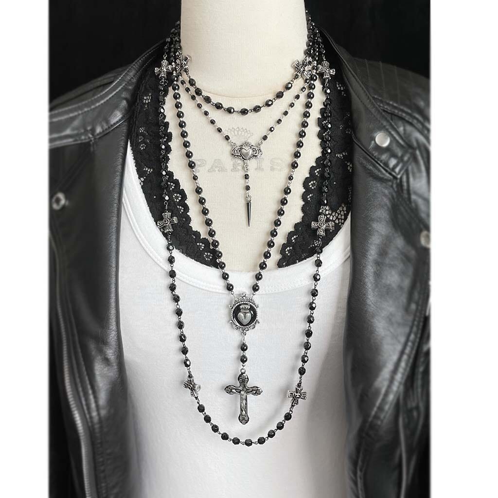 Long beaded rosary necklace - rocker jewelry