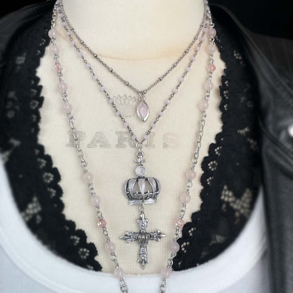 Double layer rosary necklace for women - pink beaded chain