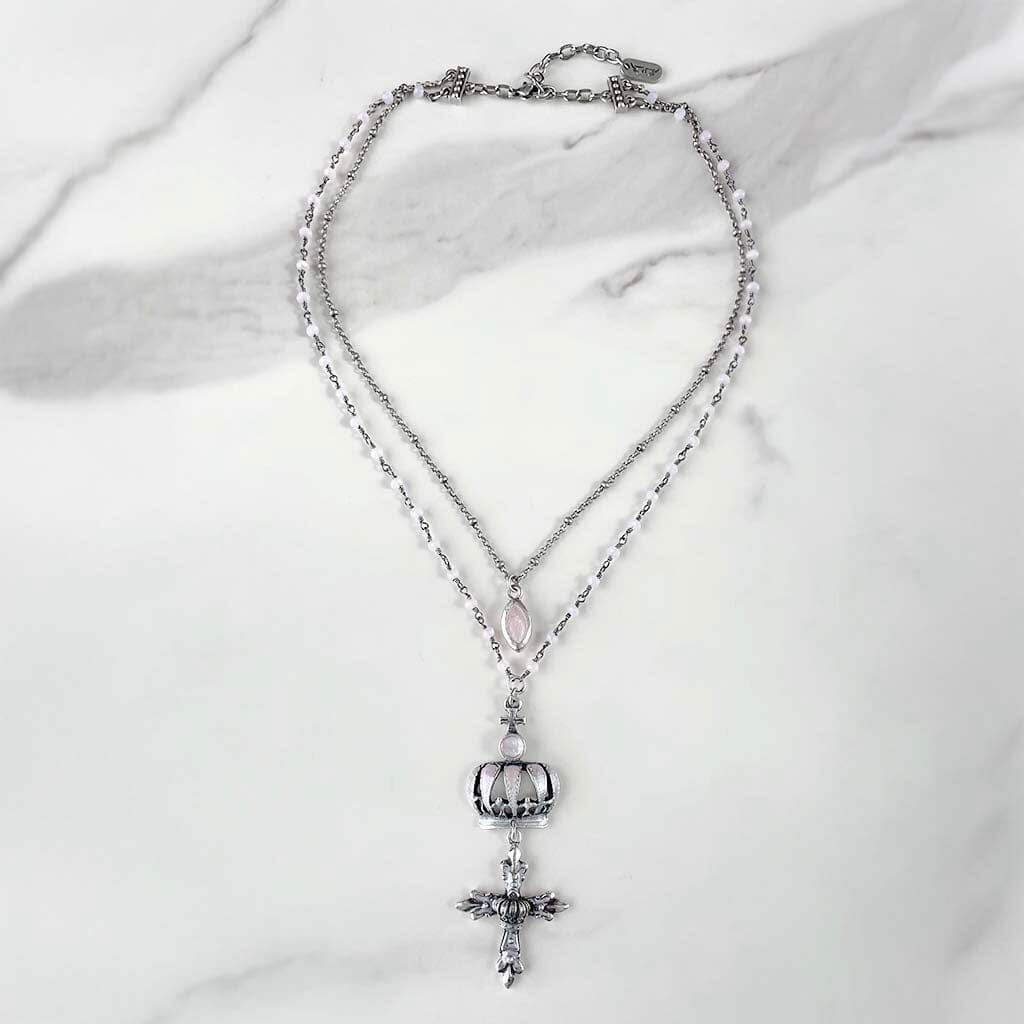 Pink double layer rosary necklace for women - crown and cross pendant