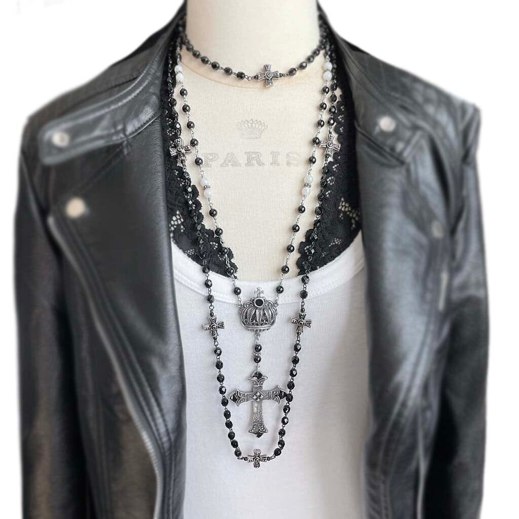 Long layering cross necklace - rosary necklace