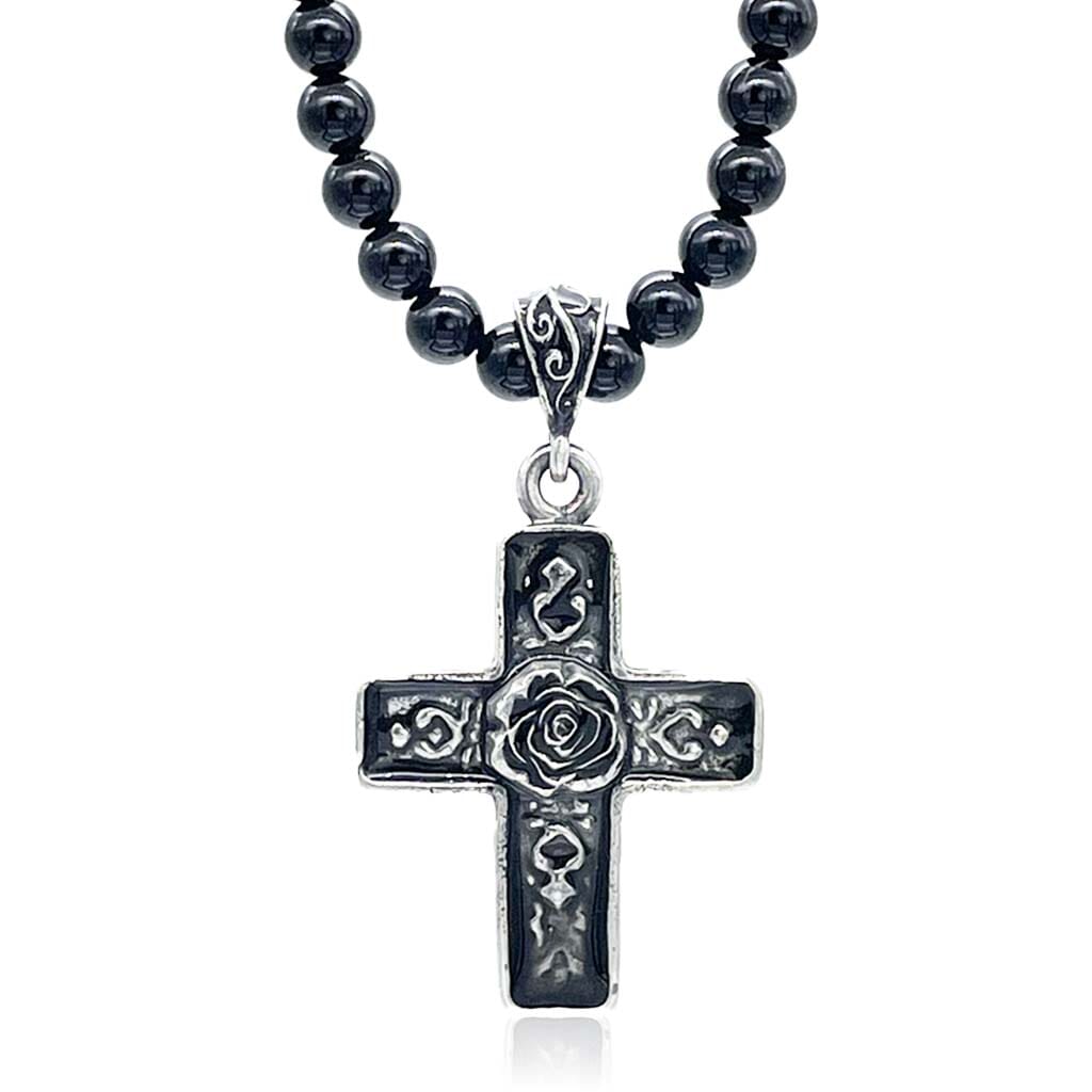 spanish rose cross necklace with onyx beads for women