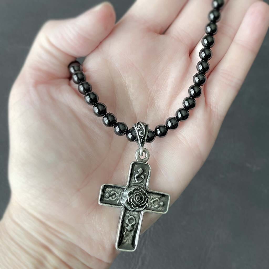 rocker jewelry for women - cross necklace with onyx beads
