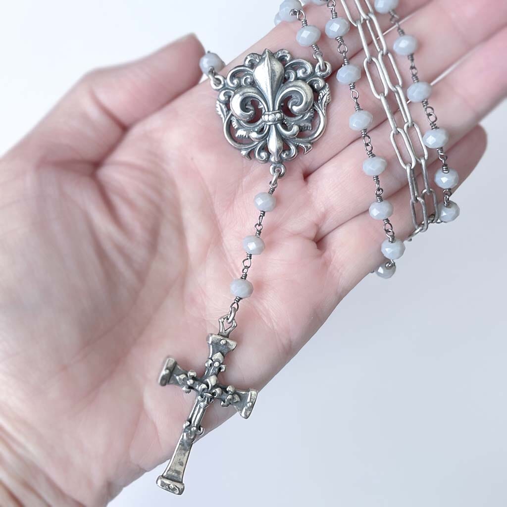 rosary necklace for women - fleur de lis cross
