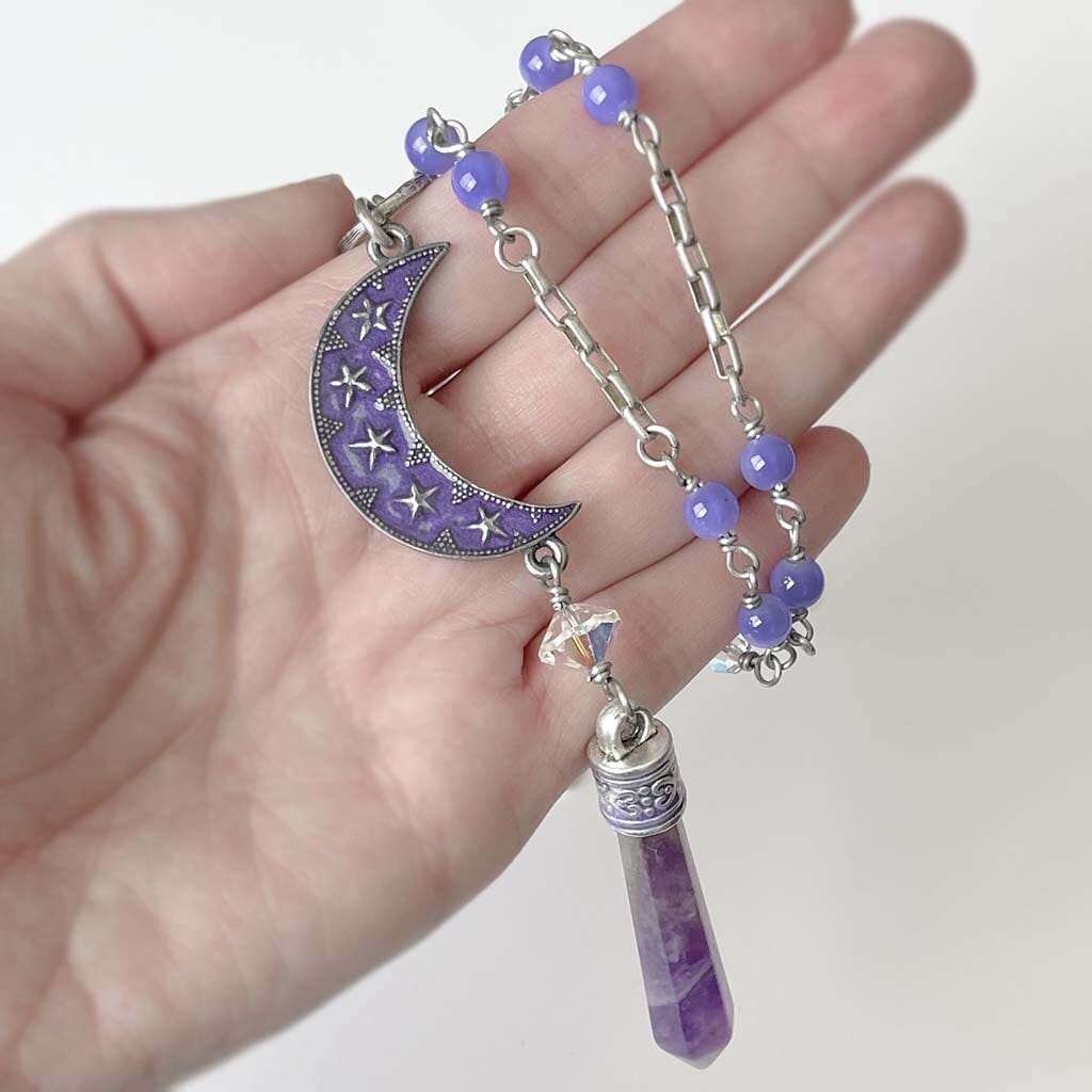 Moon Rosary Necklace for Women - Purple Crystal