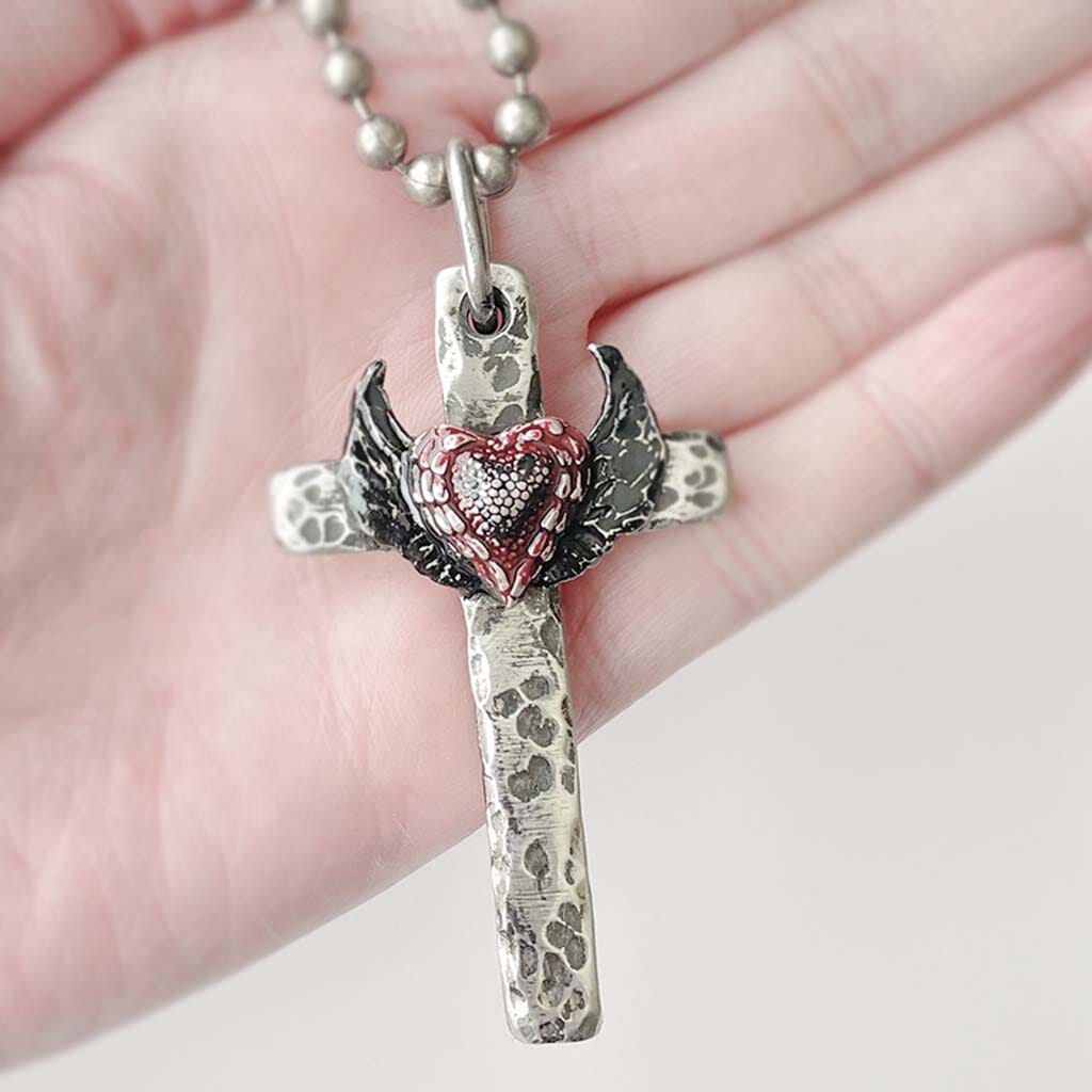 cross necklace for women - black winged red heart bold cross