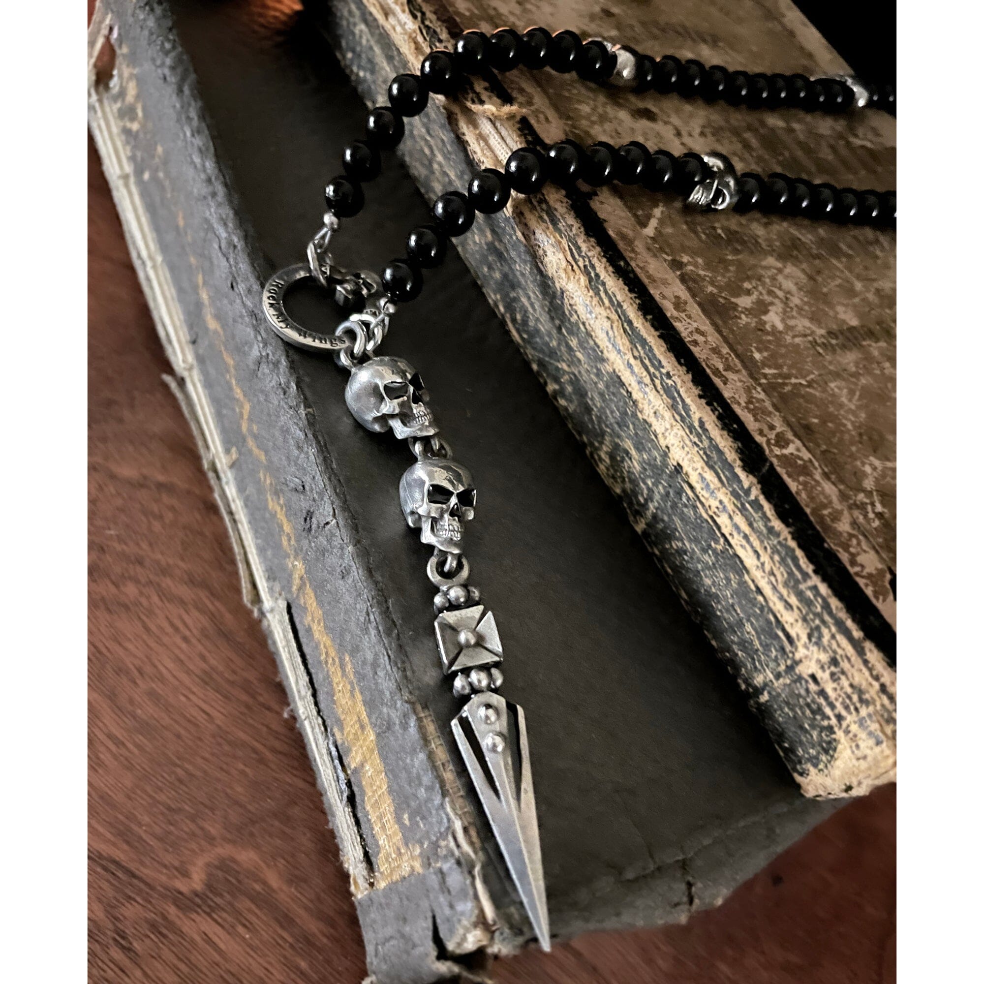 Skull and Dagger Rosary Necklace for Men with Onyx Beads. Handcrafted by Rock My Wings