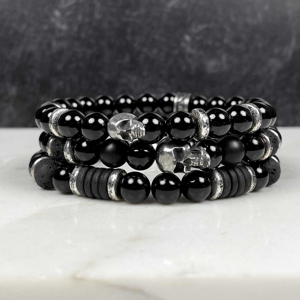 Sinister Skull and Onyx Bracelet for Men