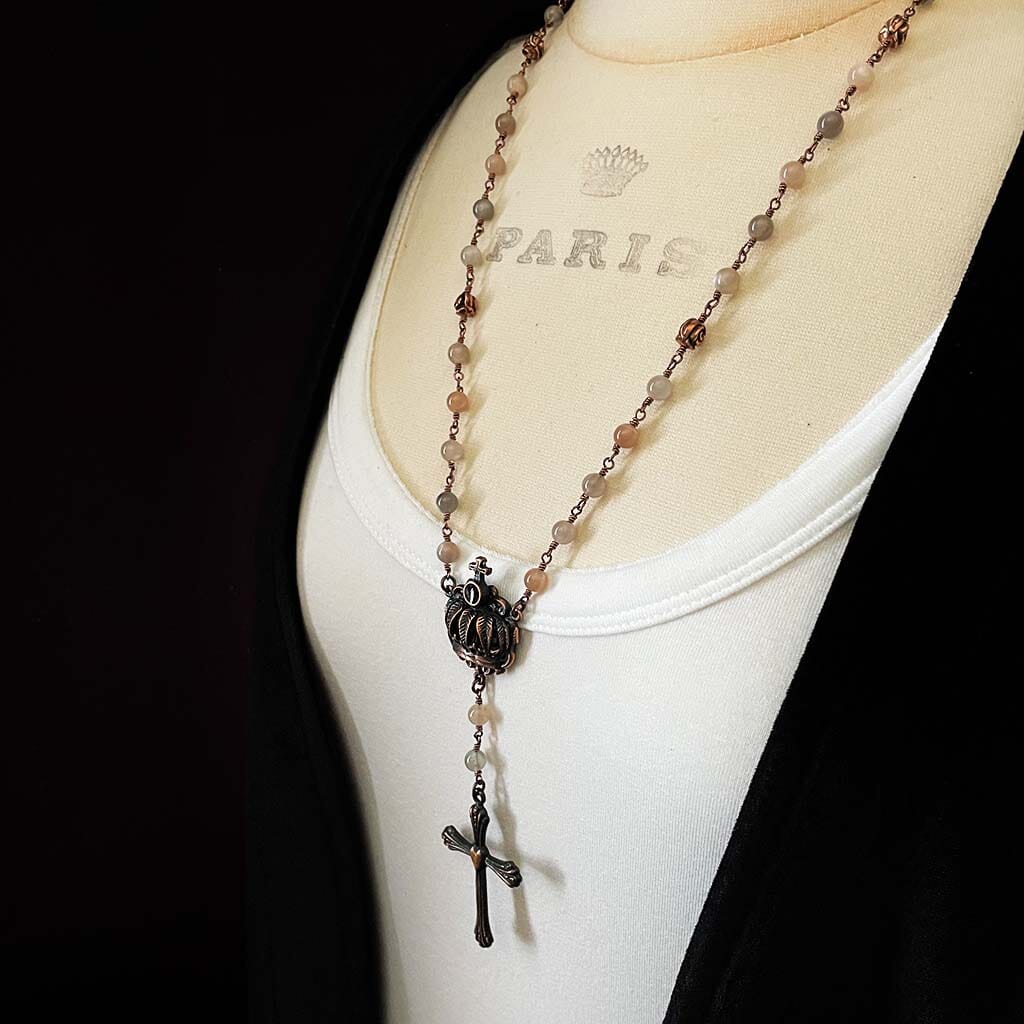 Full length view of copper crown rosary necklace