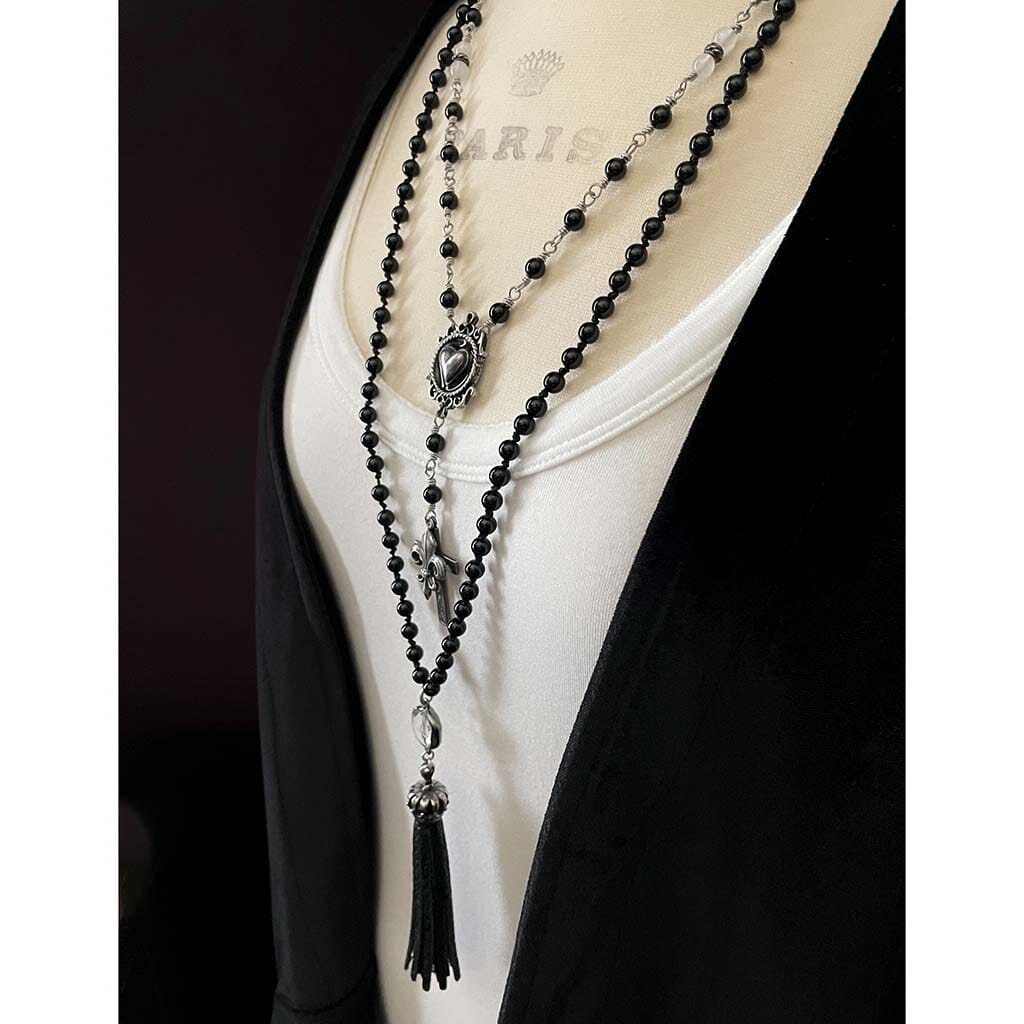 rebel crown and fringe beaded necklace with onyx beads