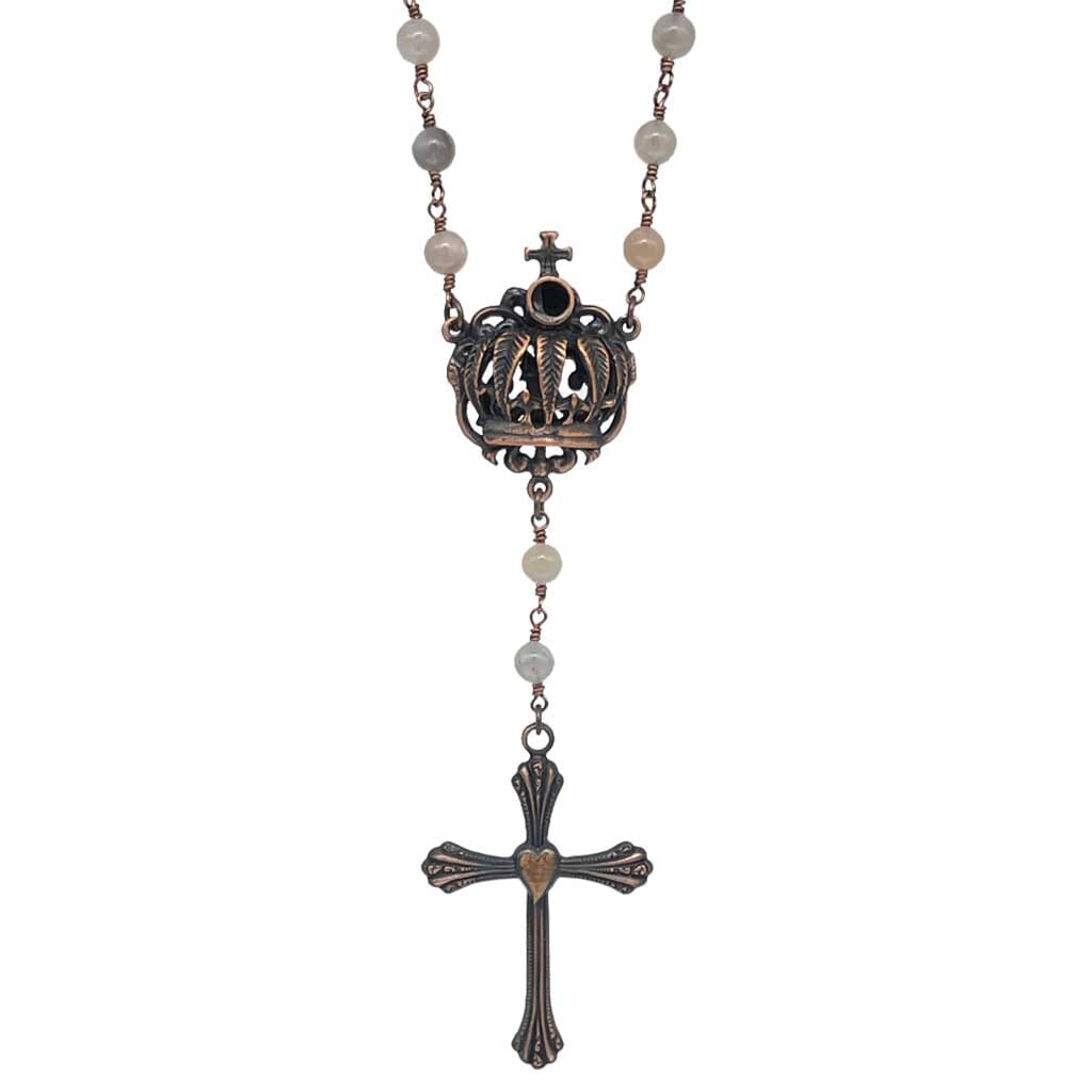 Copper Crown Beaded Rosary Necklace with crown center piece by Rock My Wings.