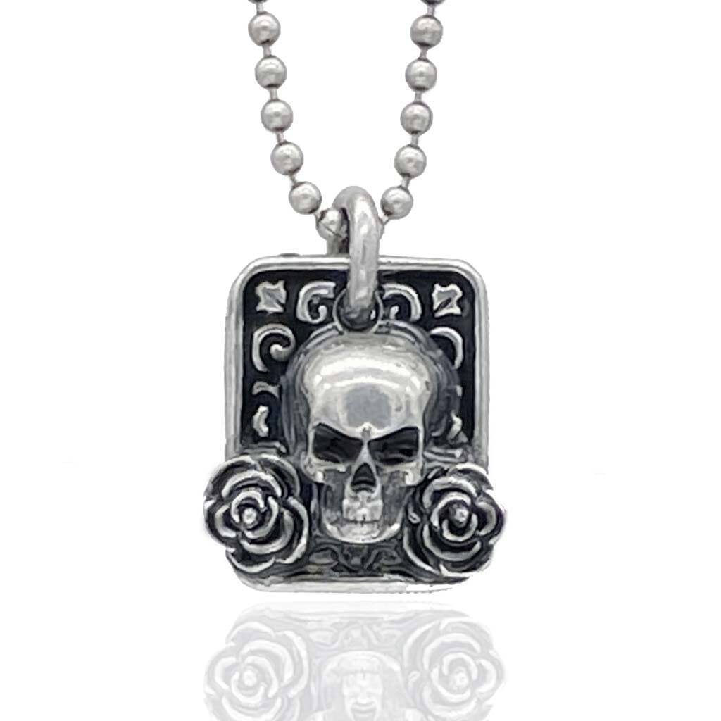Skull and Rose Dog Tag Pendant