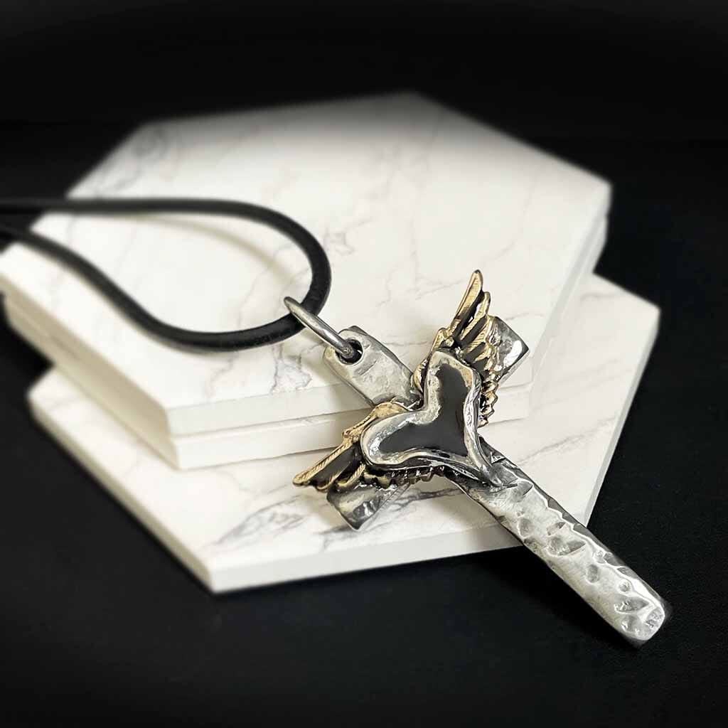 Wing and heart cross pendant by rock my wings