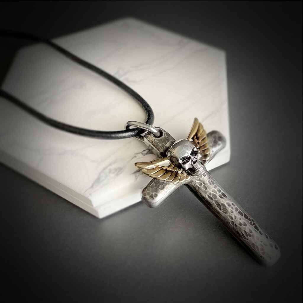 Livin on a Prayer Skull Cross Necklace with attitude for men or women.