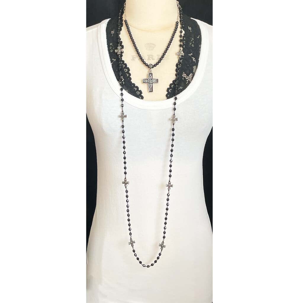 Long cross beaded necklace for layering - rocker style