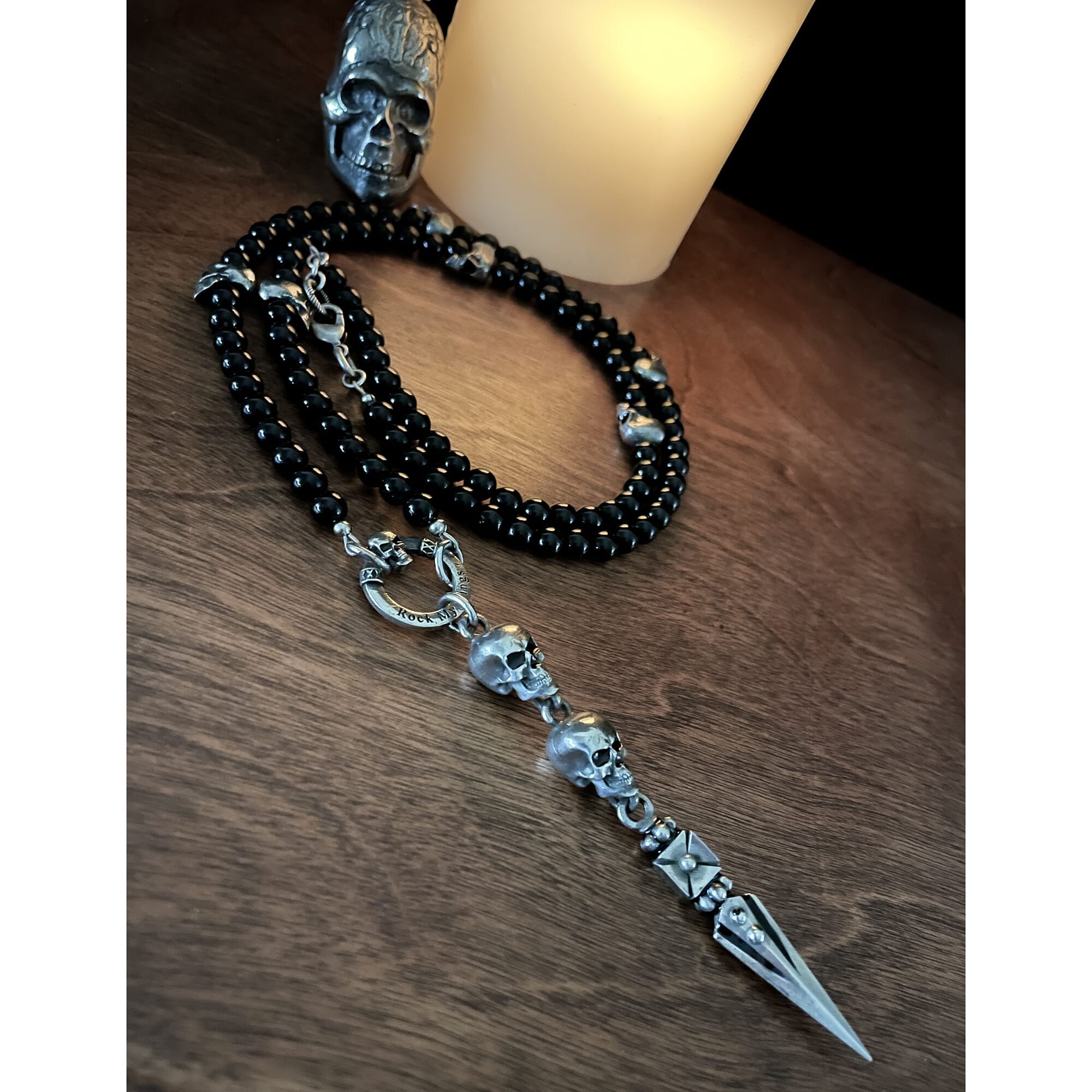 Unleash Your Dark Side with this Skull and Dagger Beaded Rosary Necklace by Rock My Wings