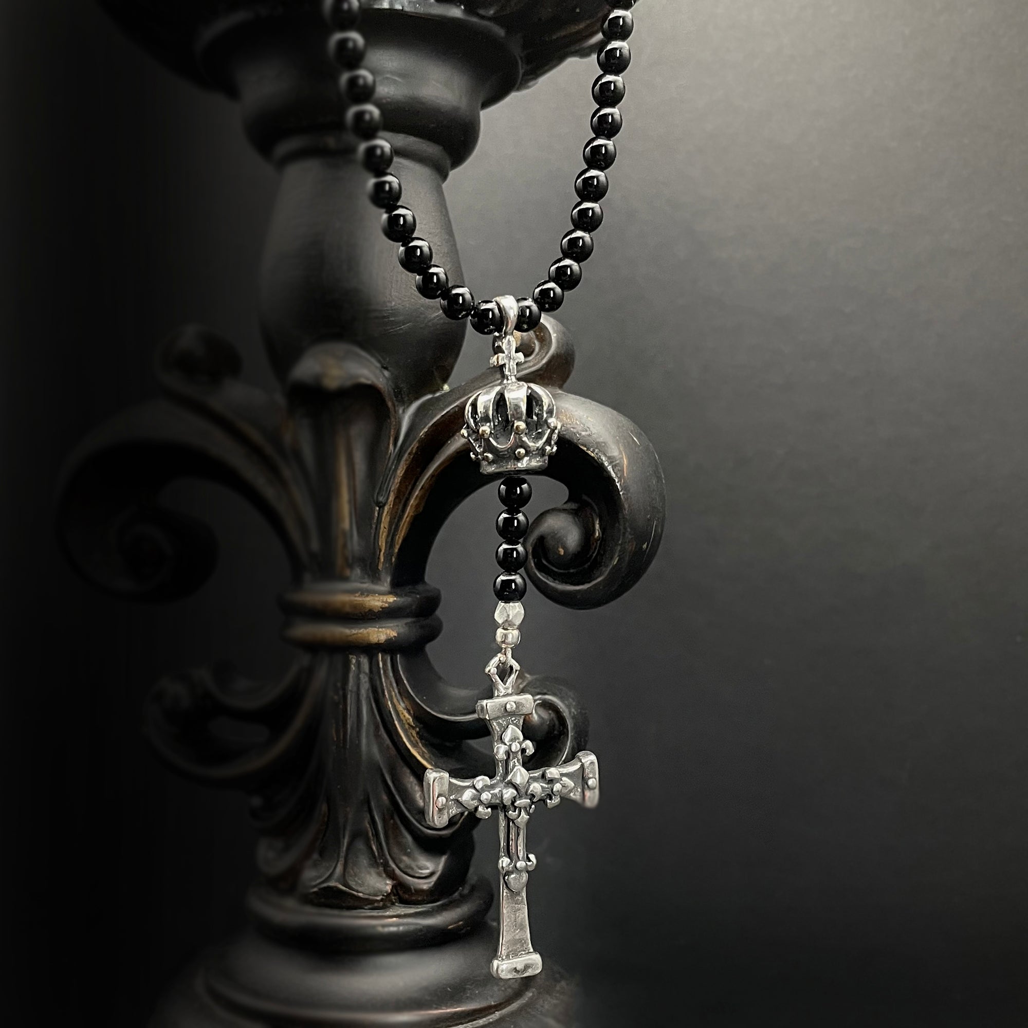 Onyx rosary necklace for women with dimensional crown and fleur-de-lis cross by Rock My Wings