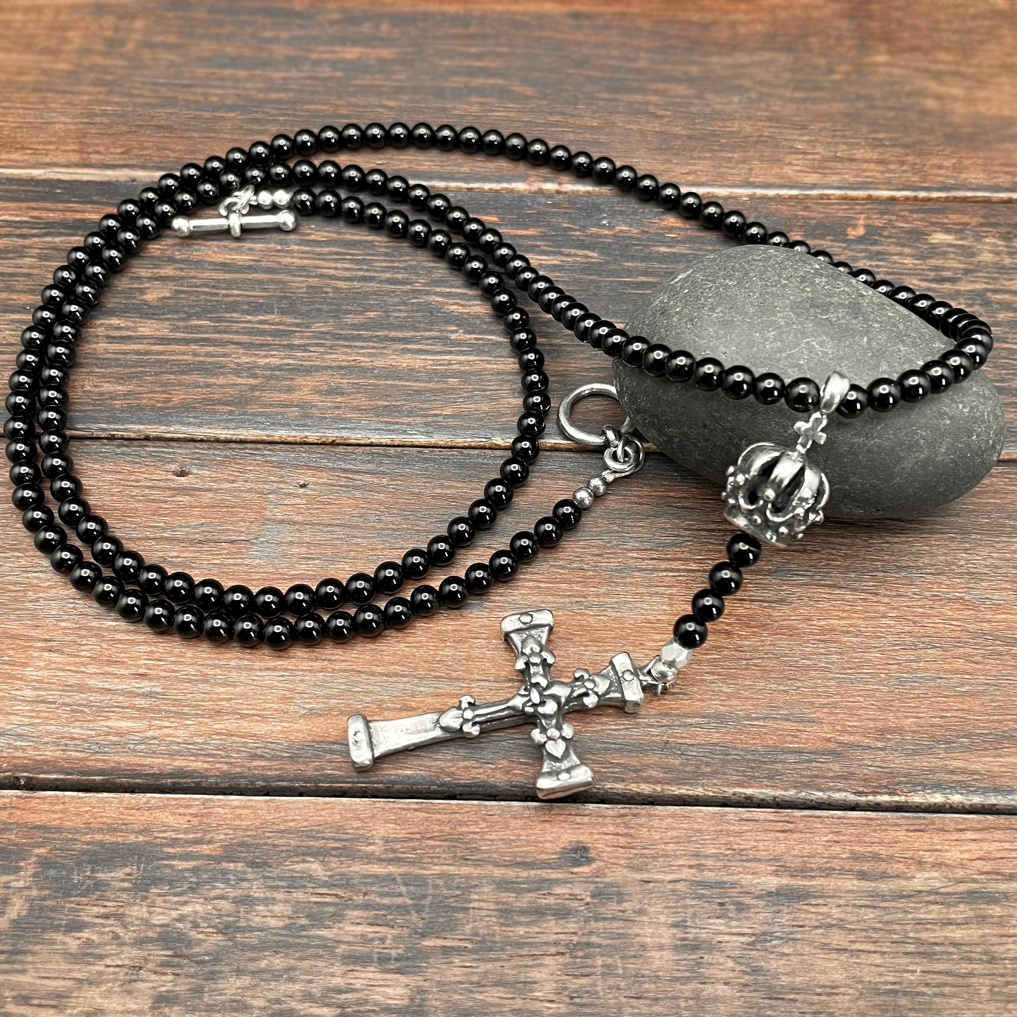 Buy The Black Onyx and Silver Cross Mens Beaded Necklace | JaeBee 28
