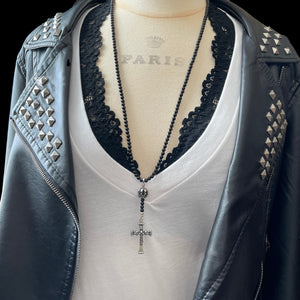 Beaded Rosary Style Necklace with Crown and Fleur de Lis Cross for Women by Rock My Wings