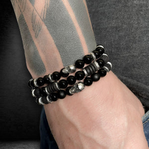 Onyx and skull bracelet stack for men or women