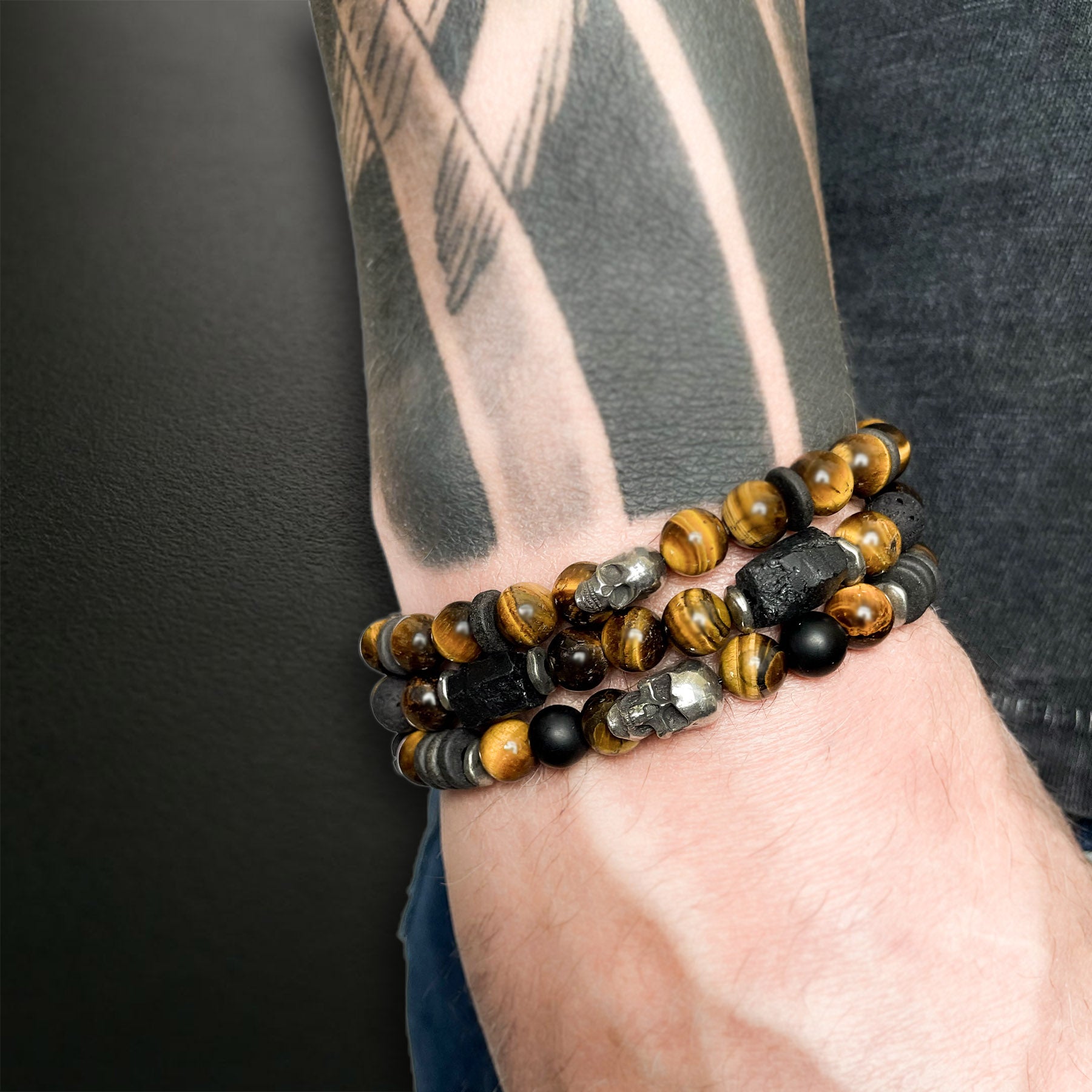 Mens Elastic Silver Cross Bracelet with Tigers Eye Beads