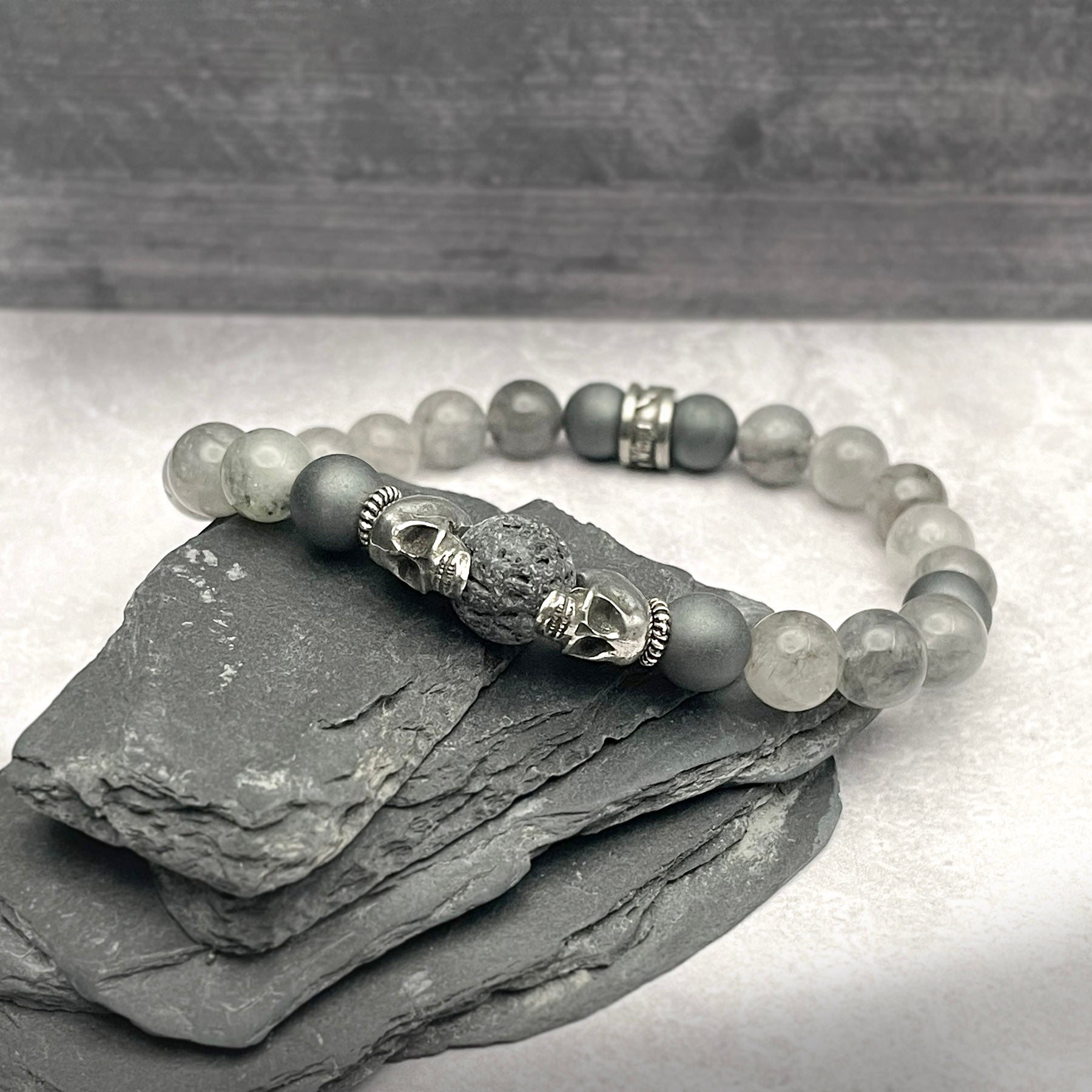Gray gemstone and skull bracelet for men and women by Rock My Wings