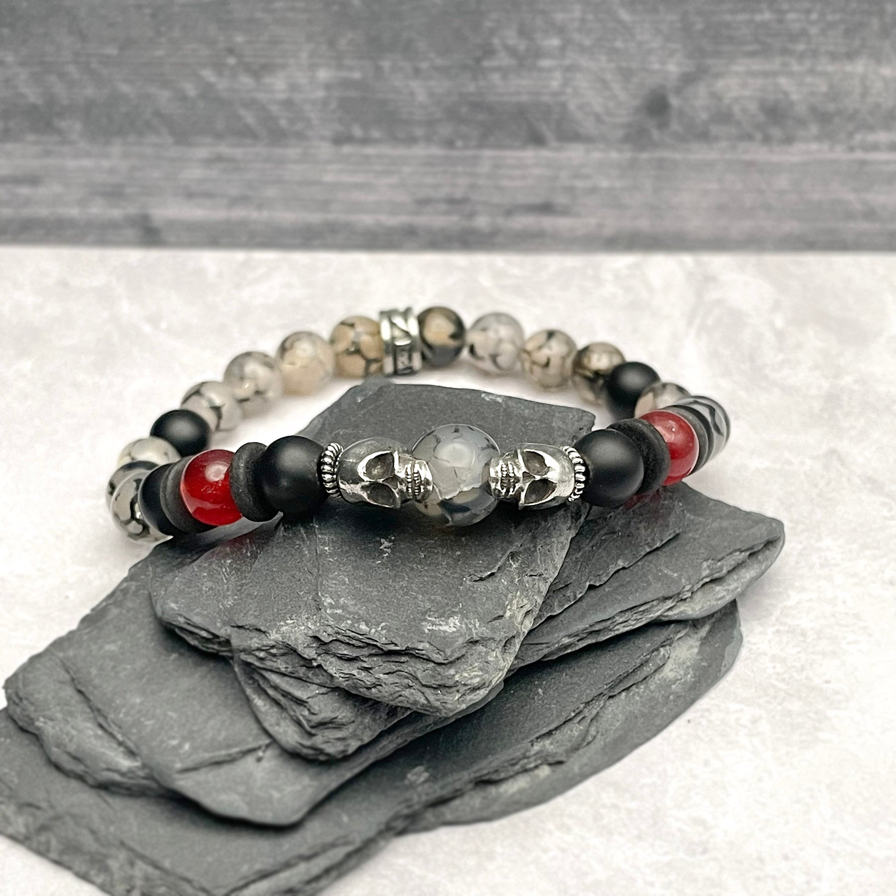 Men's Double Skull Gemstone Bead Bracelet by Rock My Wings