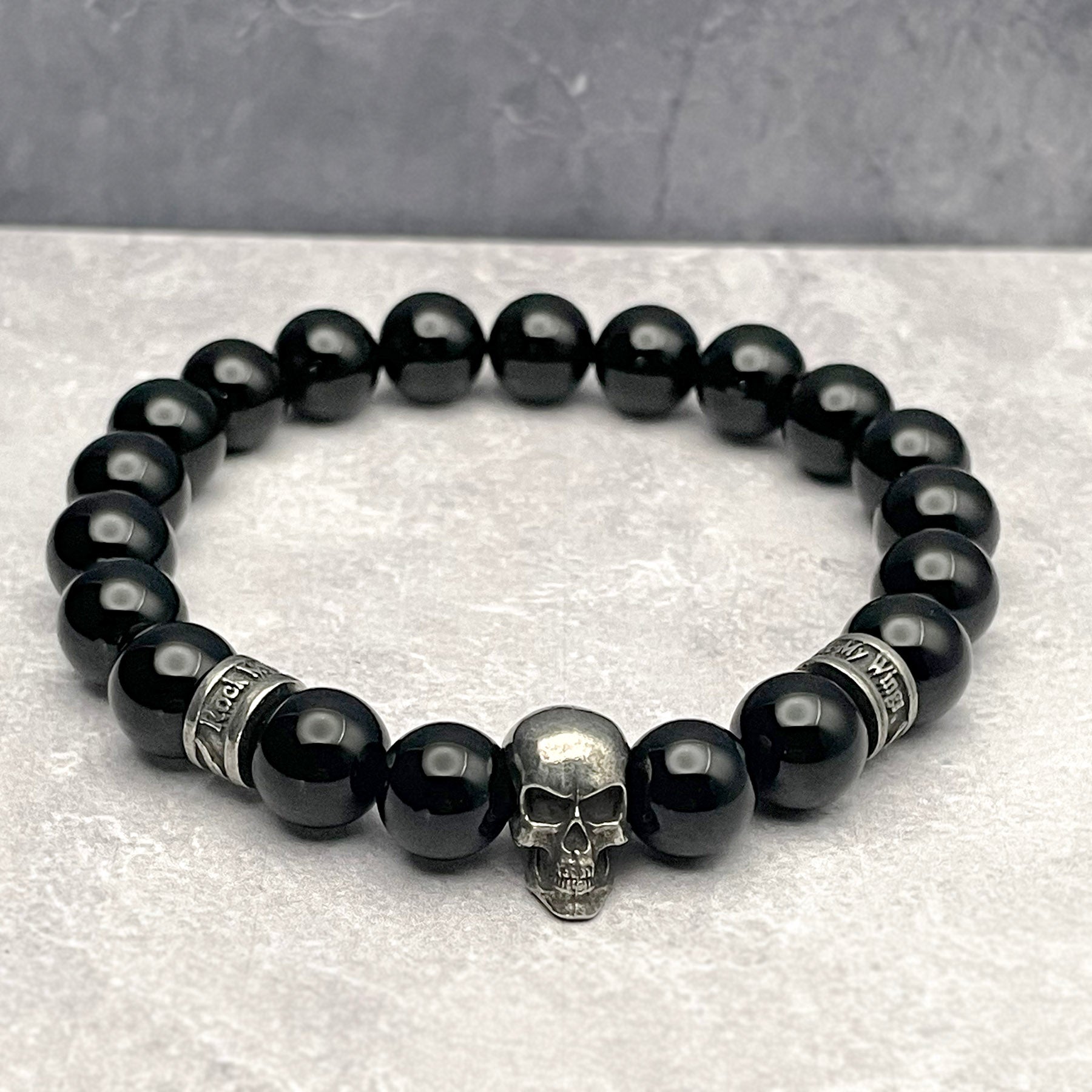 Black Onyx Gemstone and skull bracelet for men or women