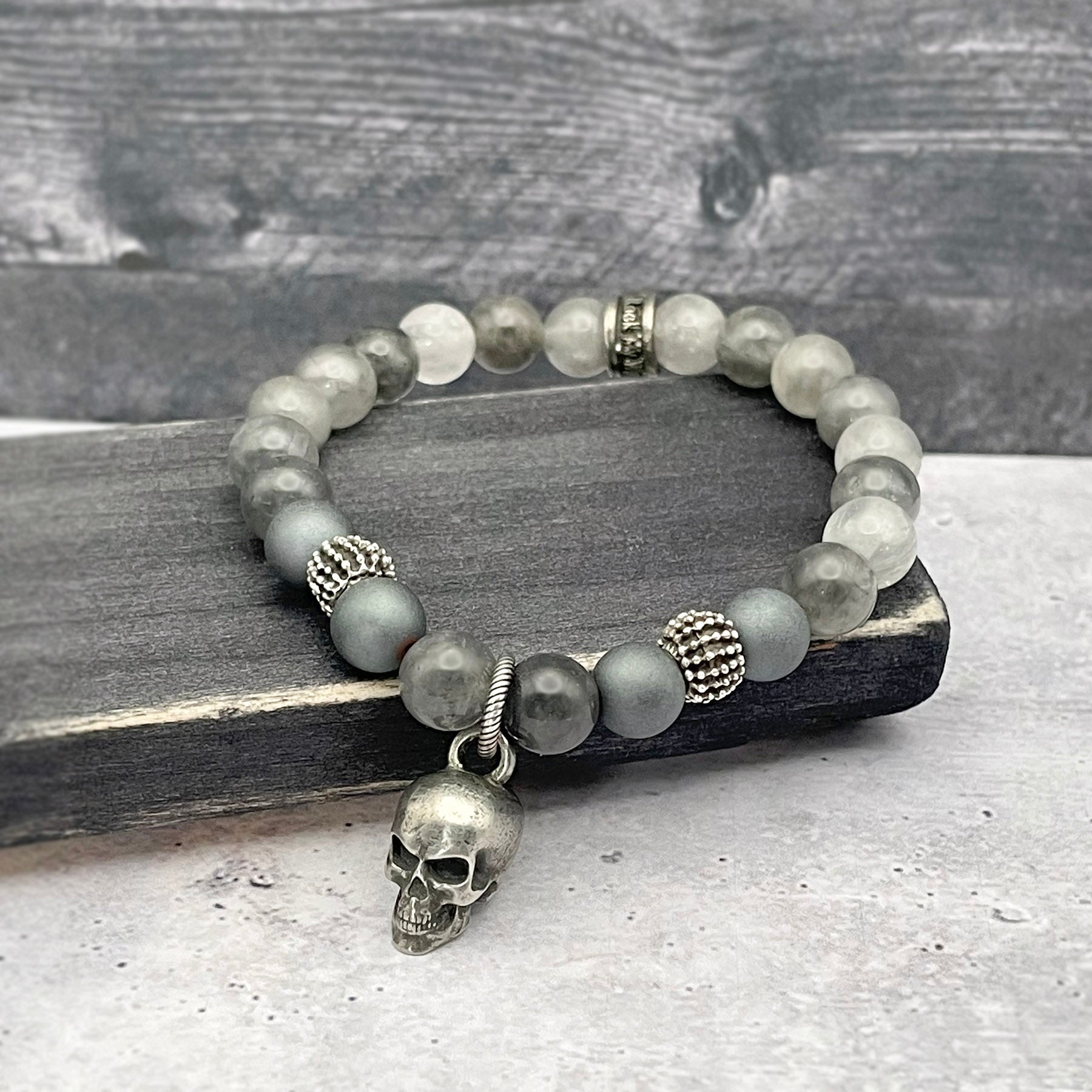 Skull Charm Gray Beaded Bracelet for Women Edgy Jewelry