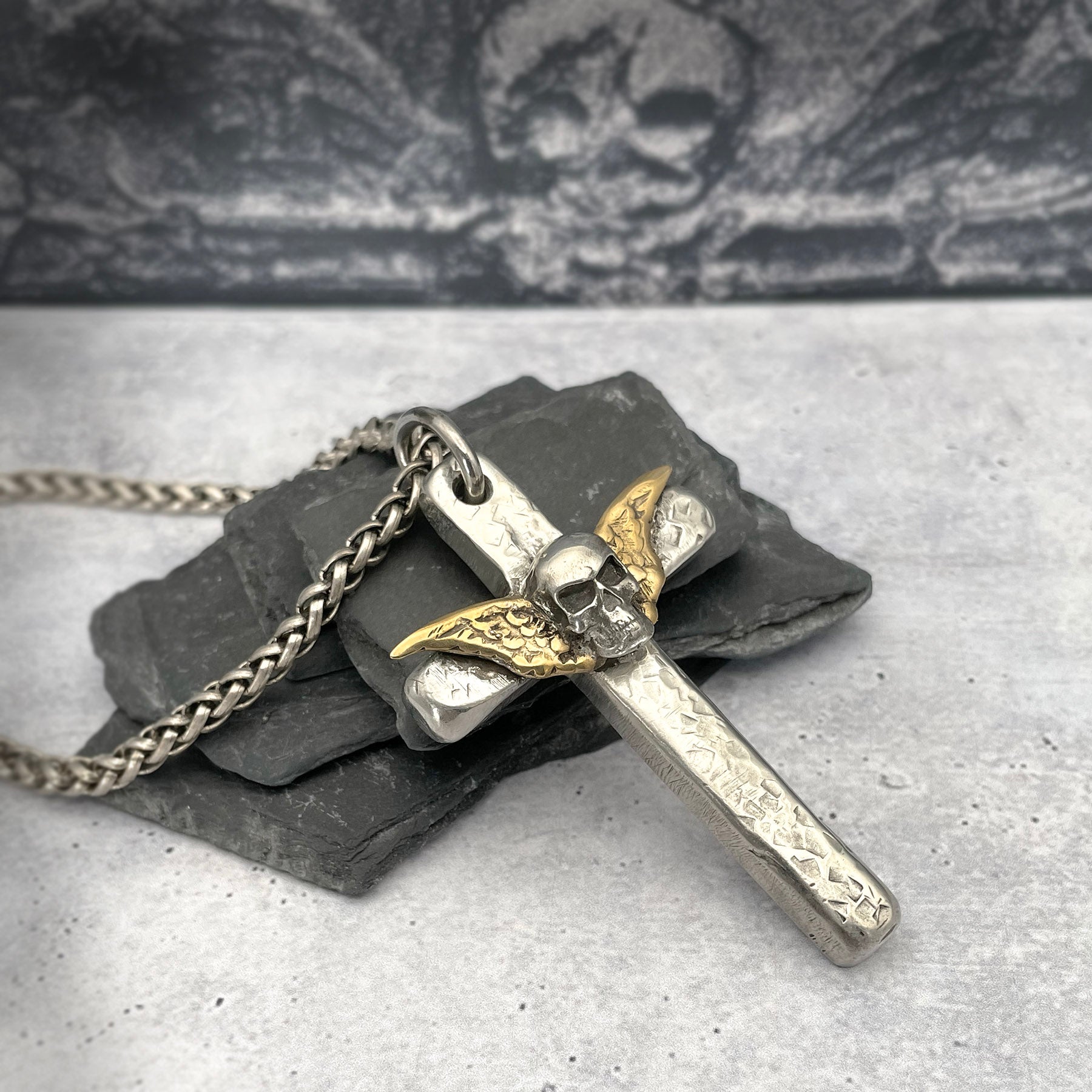 Winged Skull Cross Pendant for Men by Rock My Wings