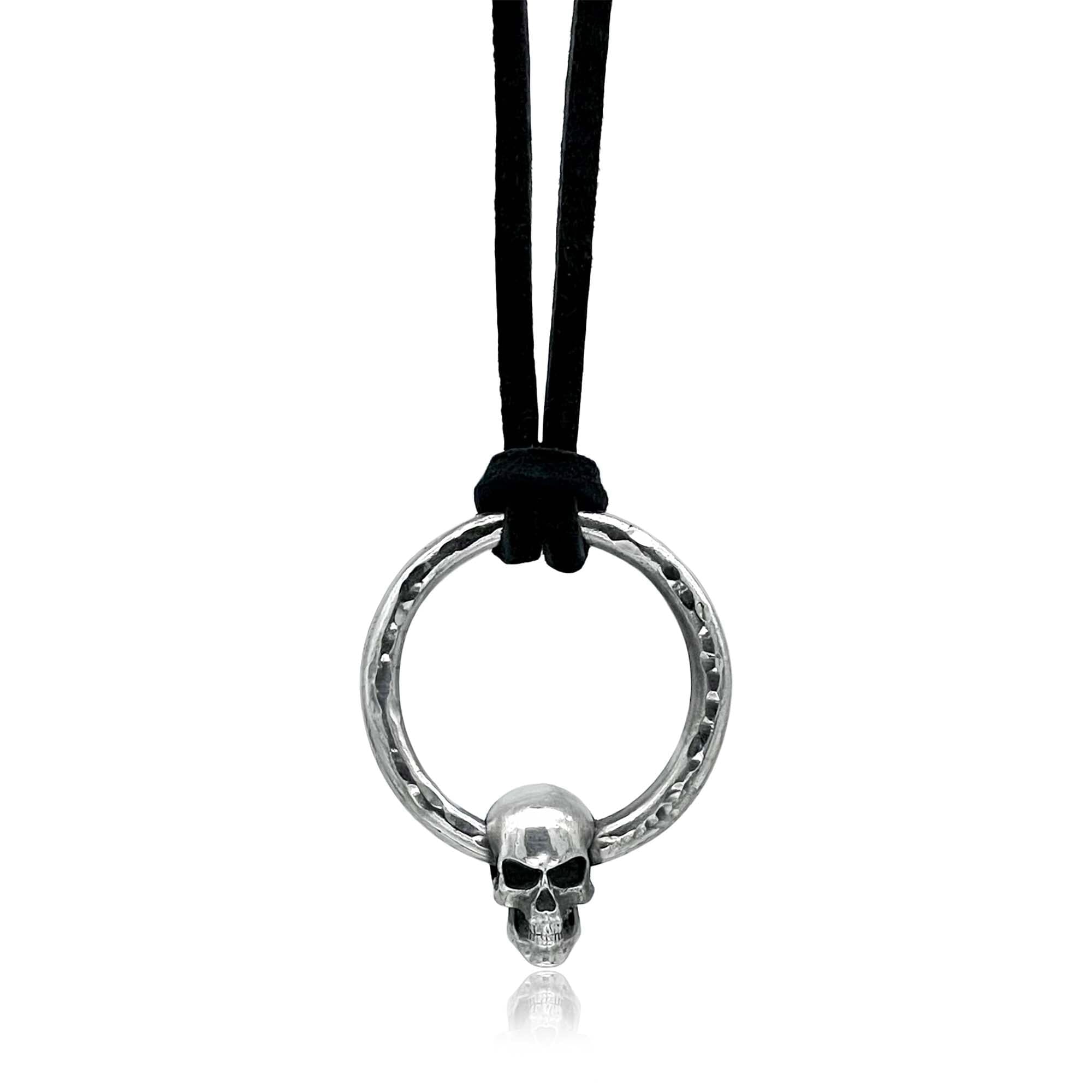 Skull and Hammered Ring Suede Pendant
